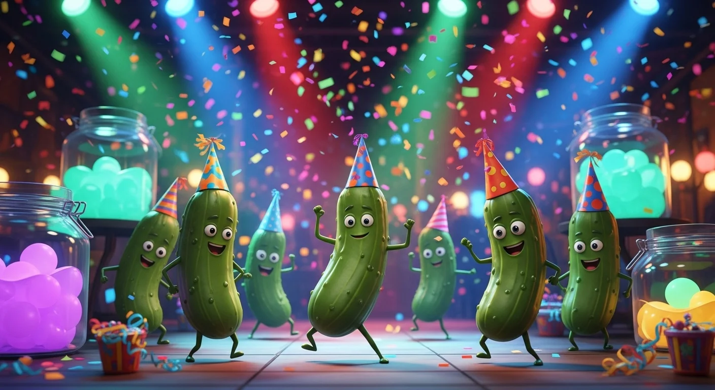 125+ Pickle Riddles with Answers: Funny, Clever & Totally Dill-icious Wordplay 6 Pickles celebrating with party hats confetti and festive atmosphere