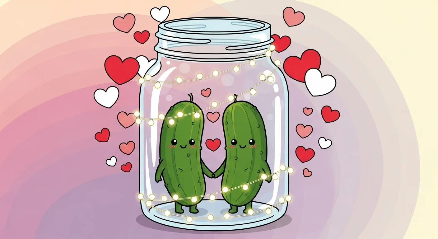 125+ Pickle Riddles with Answers: Funny, Clever & Totally Dill-icious Wordplay 11 Two cute pickles holding hands inside mason jar surrounded by hearts