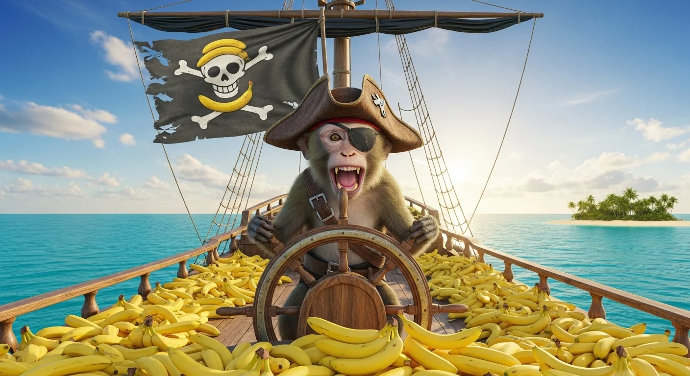 Monkey pirate captain with bananas on ship deck tropical island