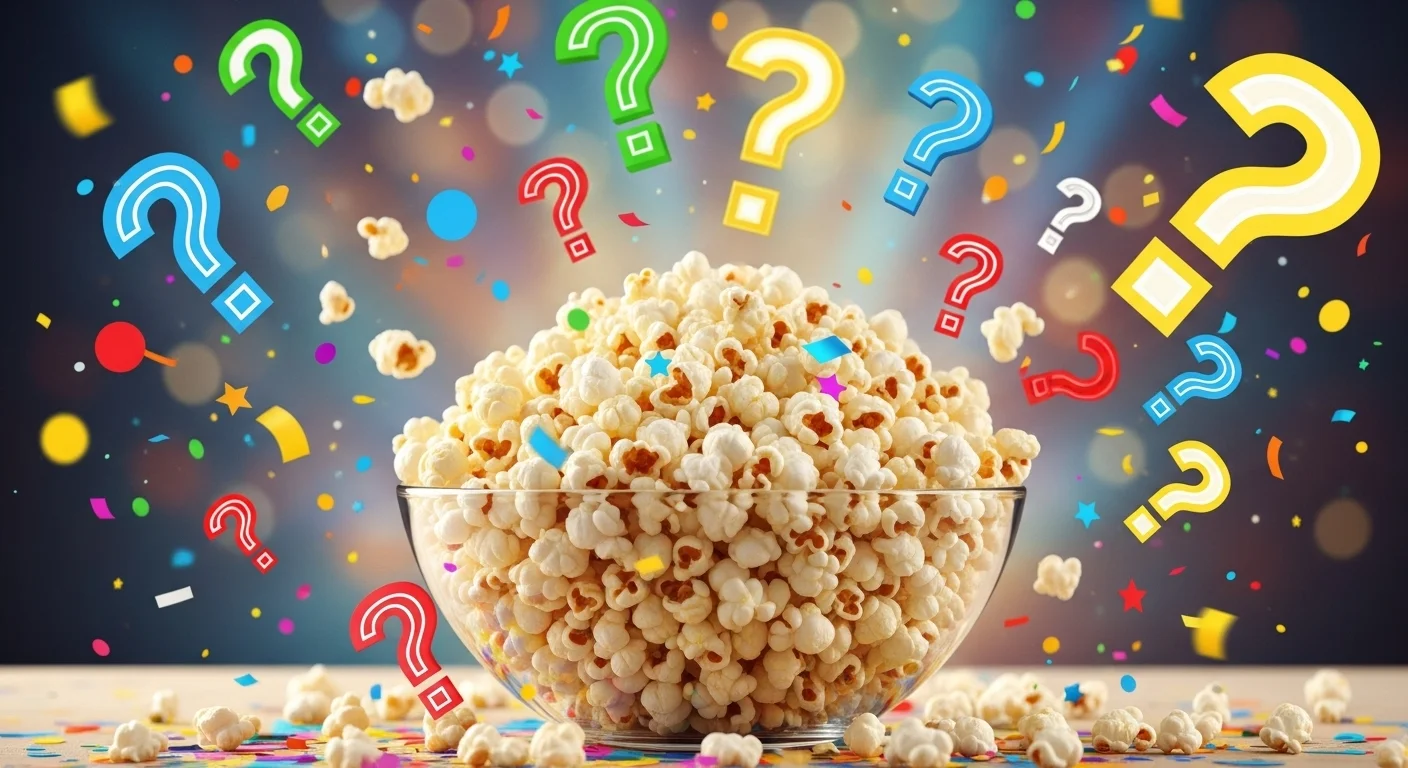 125+ Popcorn Riddles with Answers for Kids, Adults, and Family Fun 14 Popcorn bowl surrounded by colorful question marks and confetti
