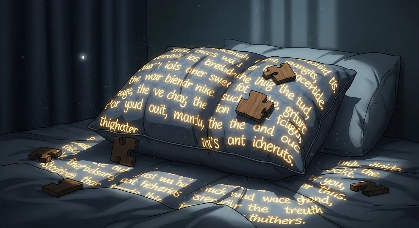 Dark pillow with glowing riddle text and wooden puzzle pieces
