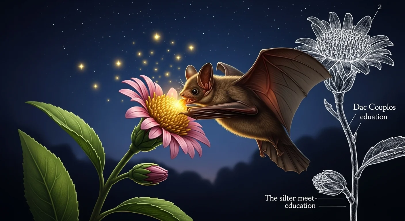 Realistic nectar bat feeding on pink flower at night
