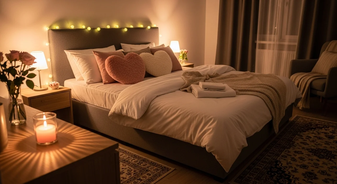 Cozy bedroom with heart-shaped pillows and romantic string lights
