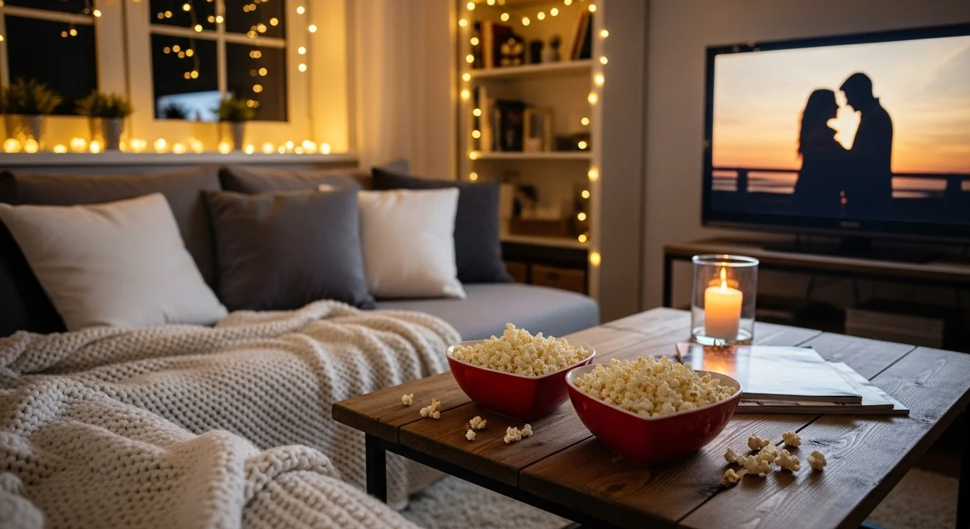 125+ Popcorn Riddles with Answers for Kids, Adults, and Family Fun 3 Romantic living room setup with popcorn bowls and candles for movie night