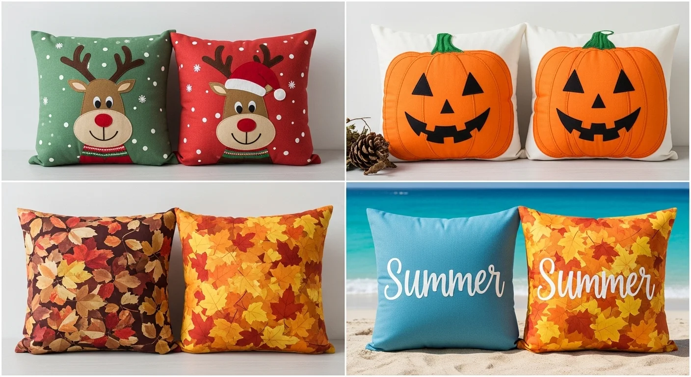 Seasonal decorative pillows showing Christmas, Halloween, autumn, summer themes