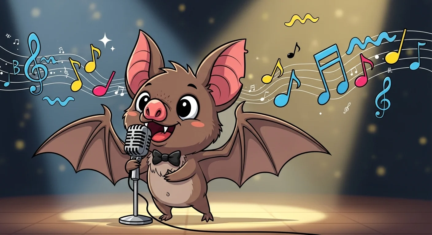Cartoon bat singing into microphone with colorful musical notes