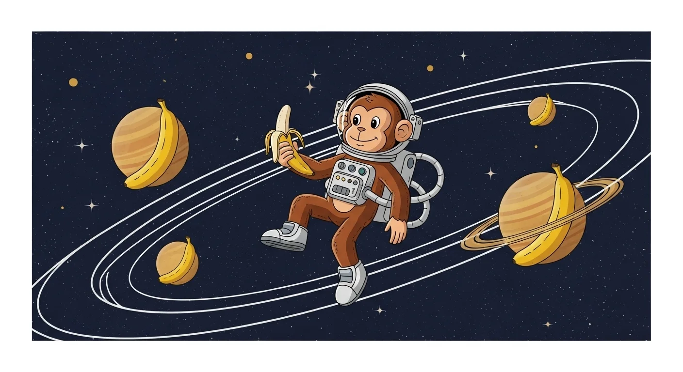 Cartoon monkey astronaut floating in space holding banana near planets