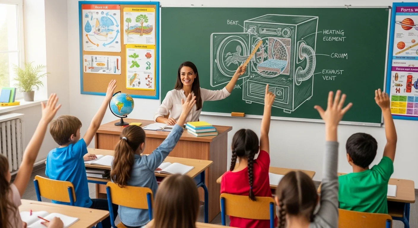 Teacher demonstrating washing machine diagram to engaged elementary students