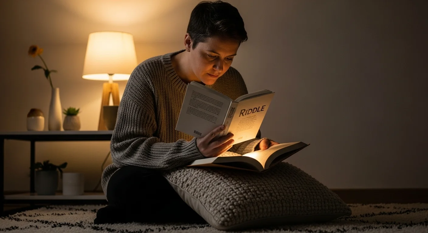 Woman reading riddle book on pillow in cozy bedroom setting