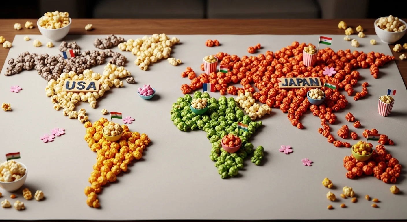 125+ Popcorn Riddles with Answers for Kids, Adults, and Family Fun 12 Global popcorn varieties arranged as world map showing different countries
