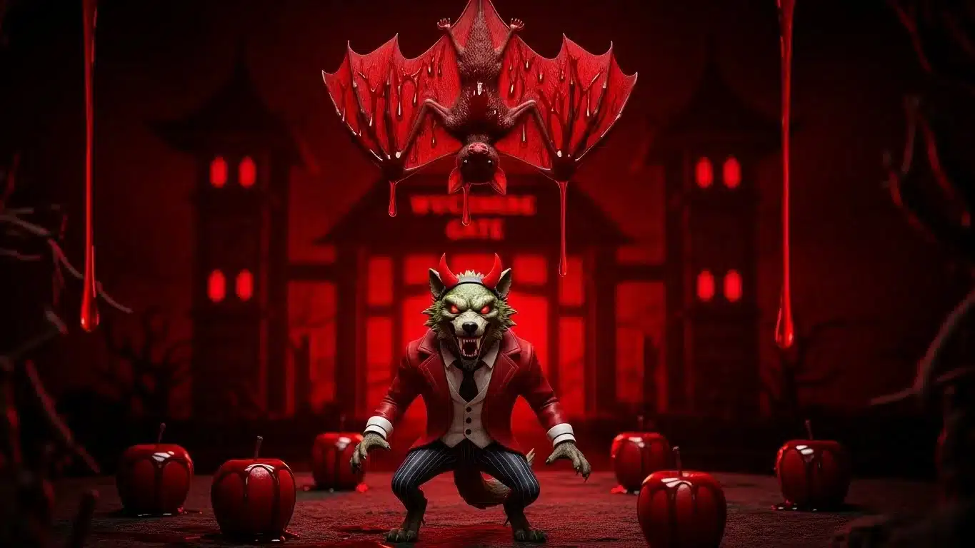 Fantasy wolf character in dramatic red lighting with gothic atmosphere