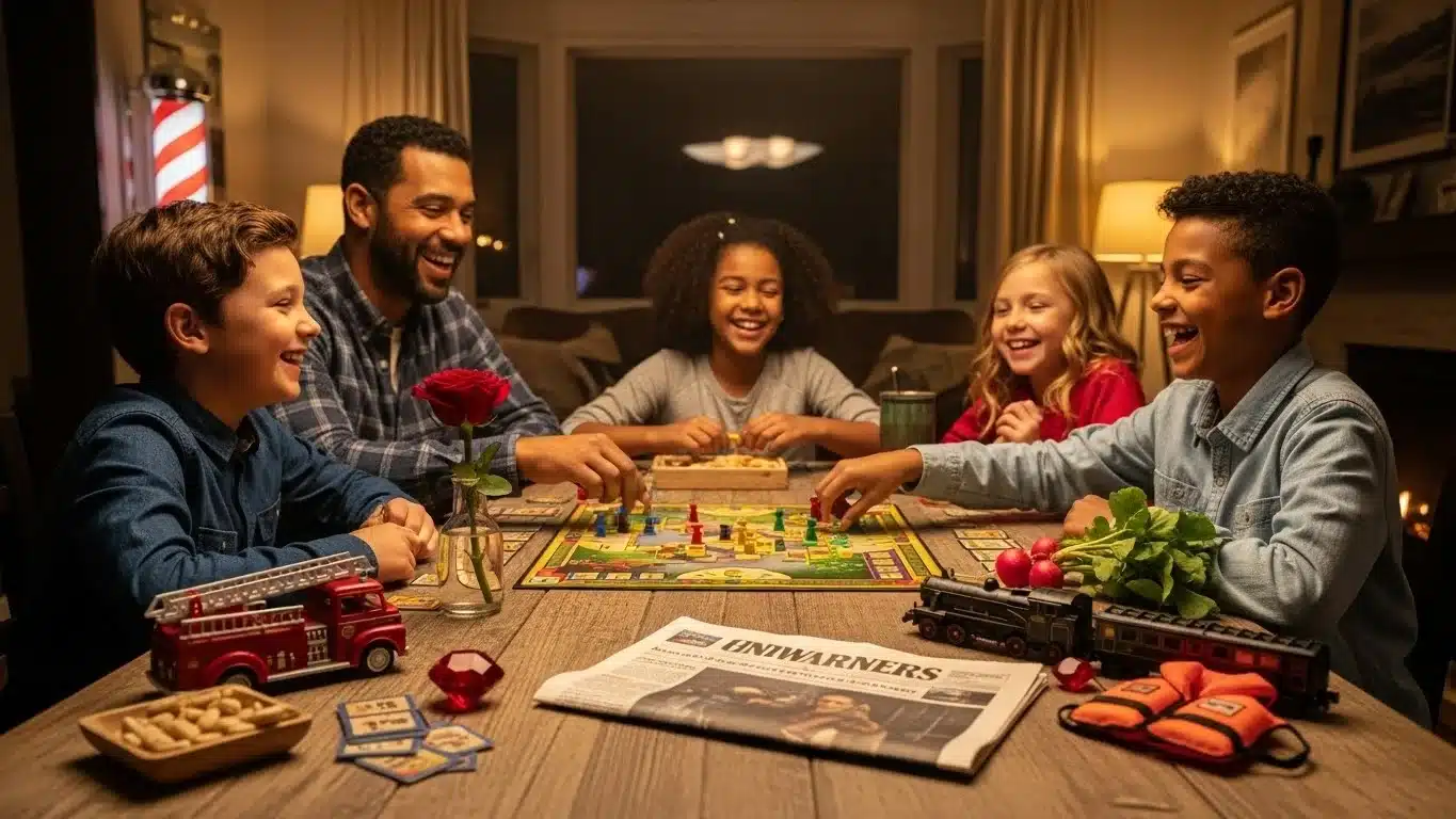 Family playing board games with red roses and enjoying riddle activities together