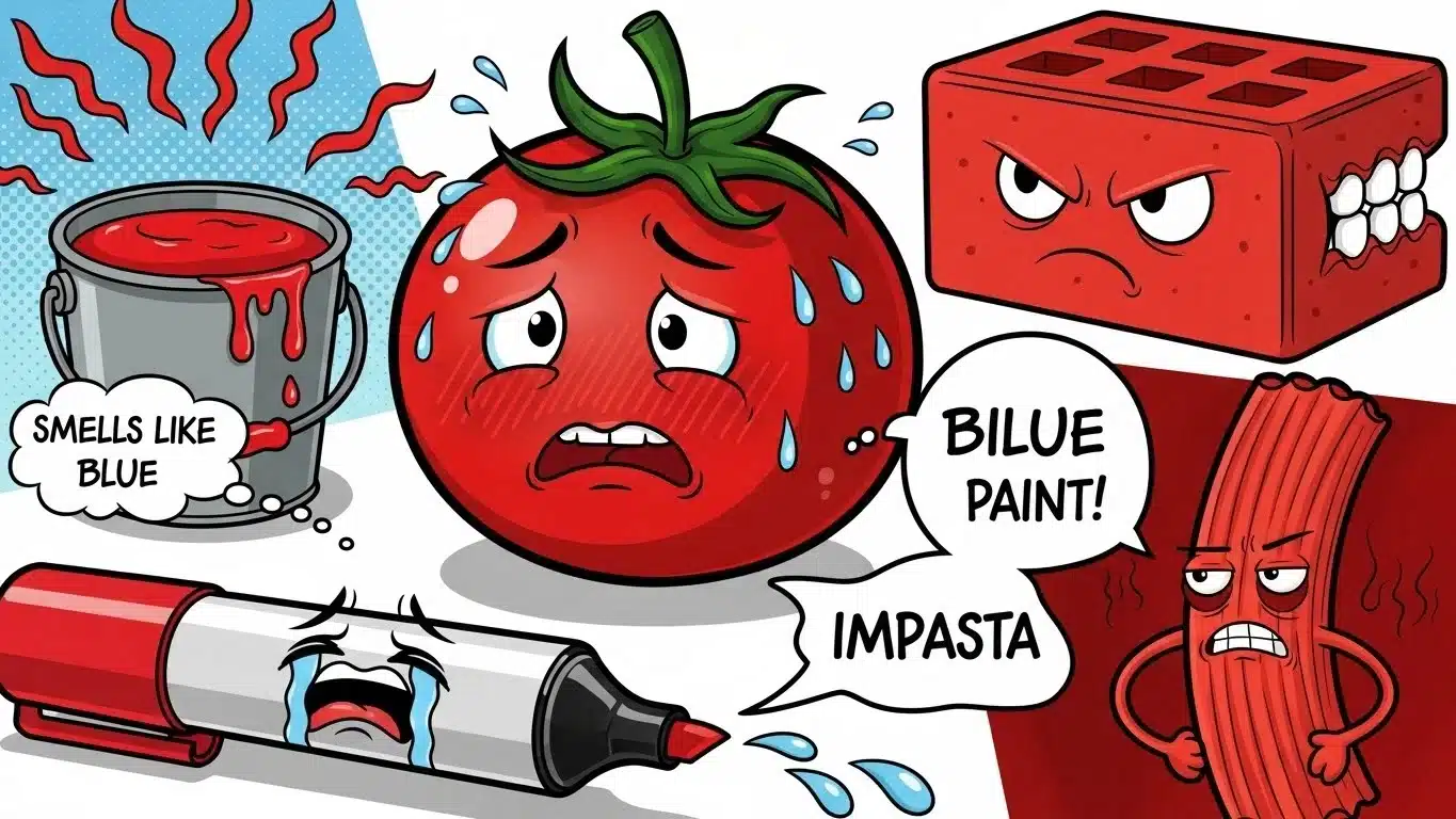 Cartoon characters with red paint and wordplay puns illustrated humorously