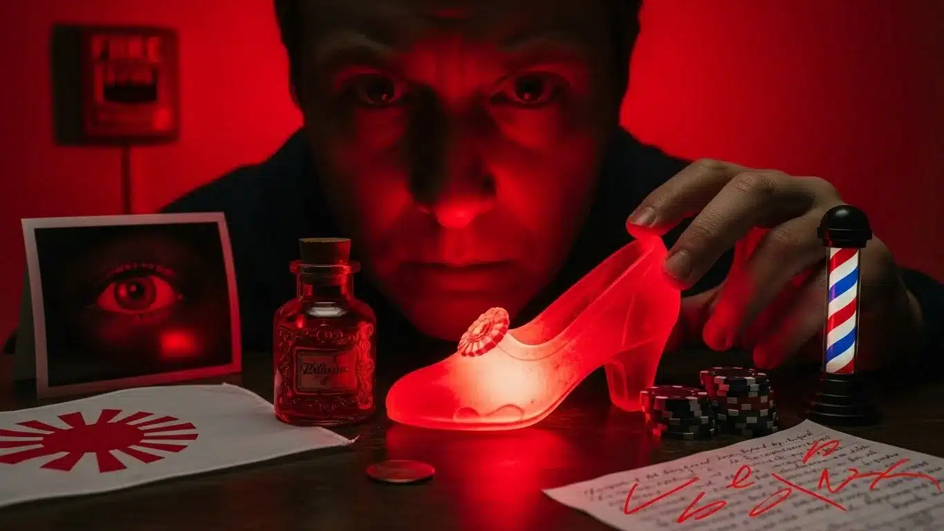 Detective examining red clues with glowing shoe evidence and mystery theme