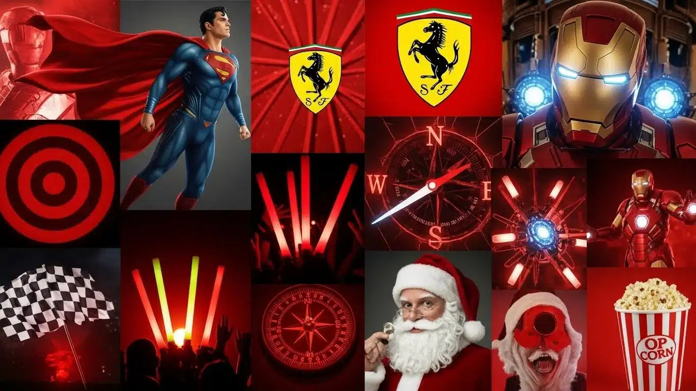 Collage of red pop culture icons including superheroes brands and symbols