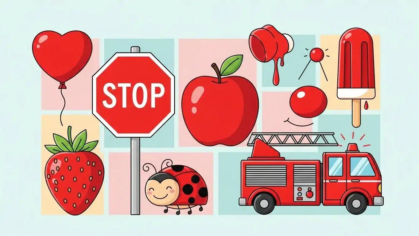Collection of red items including fire truck apple strawberry and stop sign