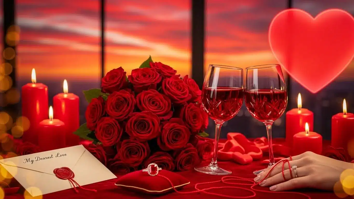 Romantic setting with red roses wine glasses and valentine decorations