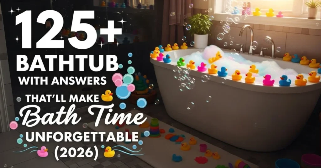 Colorful rubber ducks in bathtub with bubbles and bath time riddles