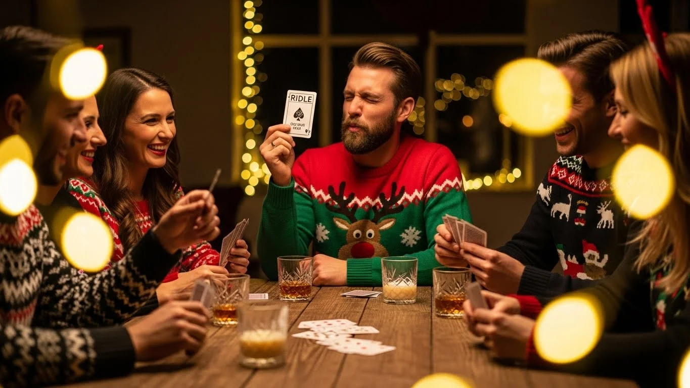 Adults in festive sweaters playing Christmas riddle card game at table