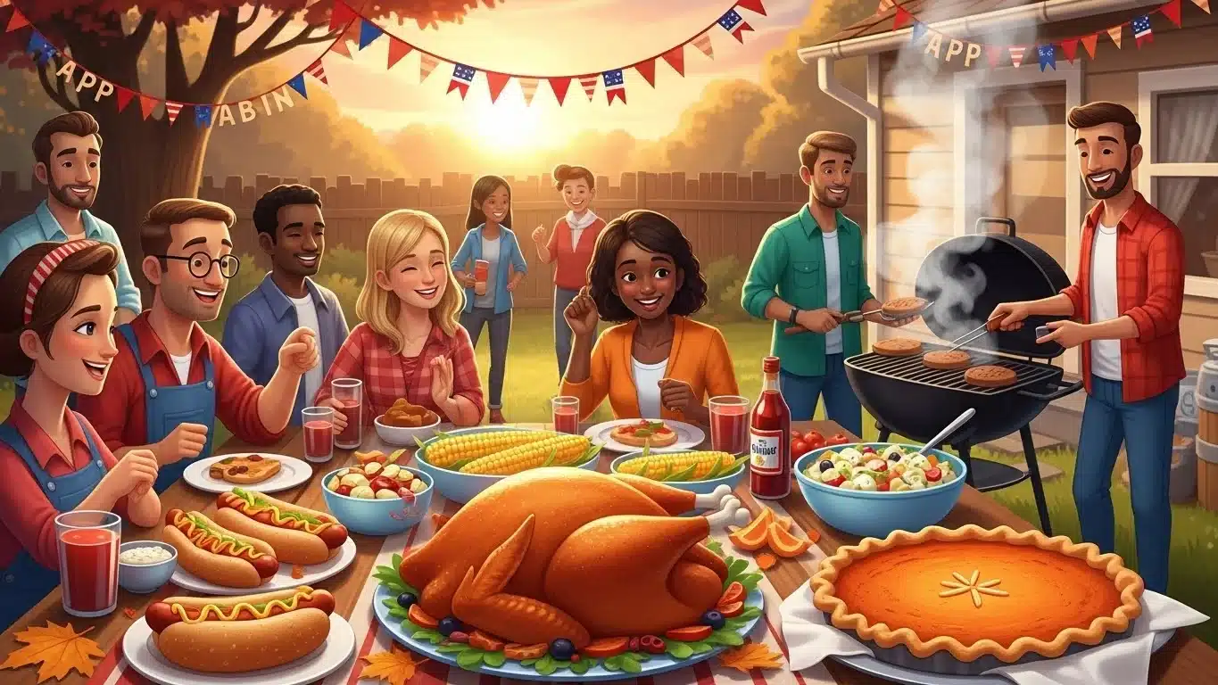 American backyard BBQ celebration with diverse families and traditional food