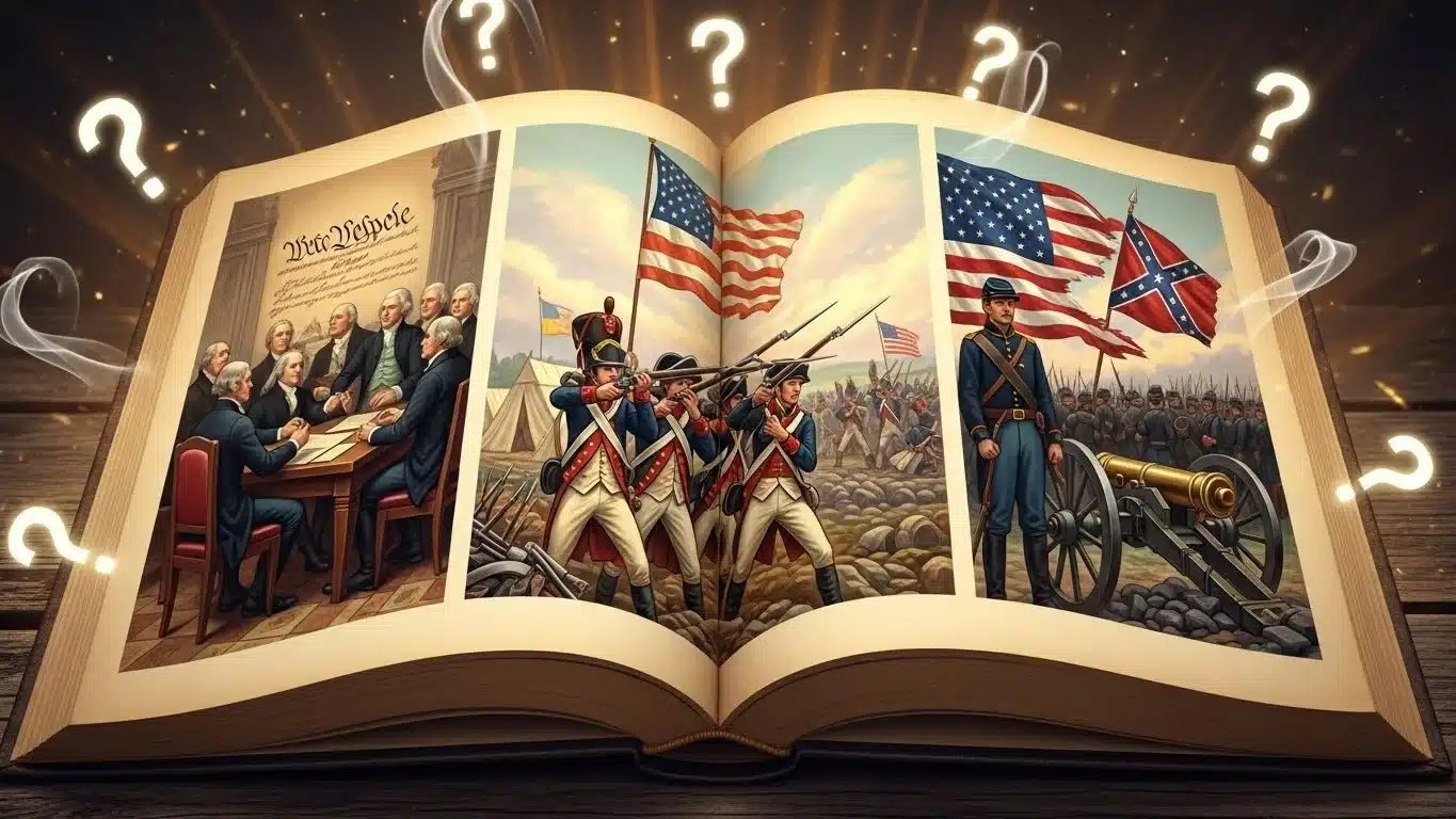 Open history book showing American Revolutionary War and Civil War scenes