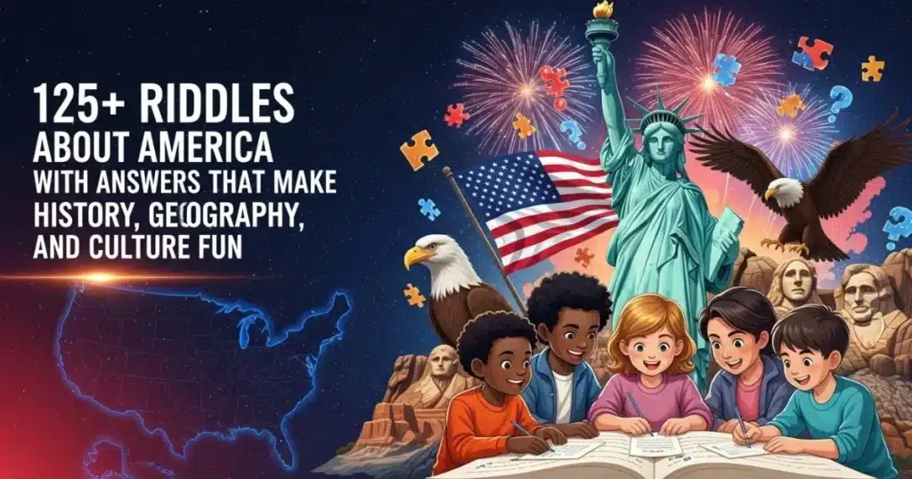 Children solving America riddles with Statue of Liberty and fireworks