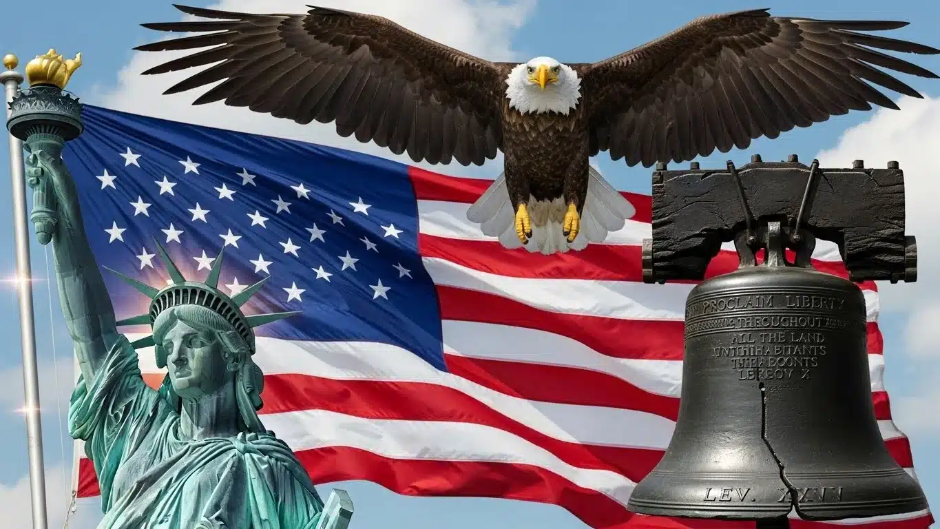 American national symbols including bald eagle, Liberty Bell, and flag