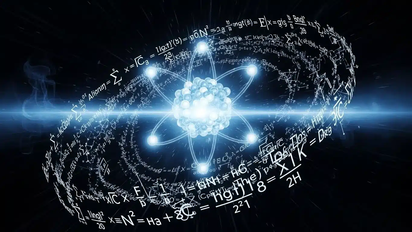 Glowing atom with orbiting electrons surrounded by chemical formulas