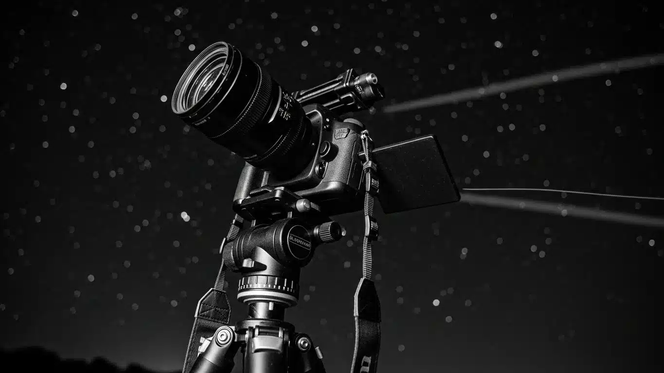 Camera on tripod at night with bokeh background stars