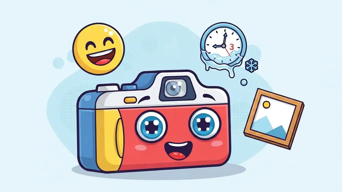 Cute cartoon camera with happy face and photography elements