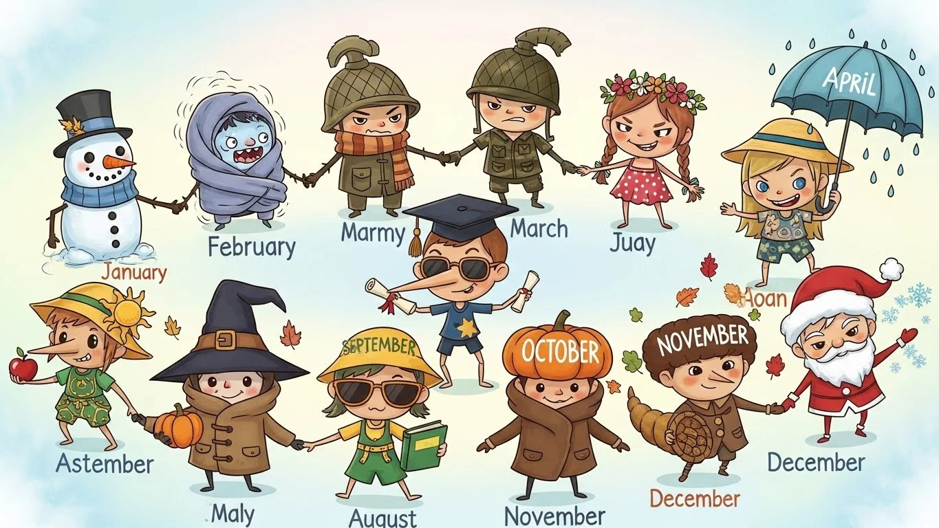 Cartoon characters representing twelve months with seasonal themes