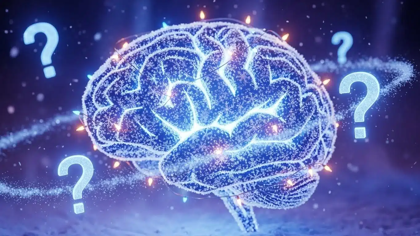Glowing brain with question marks representing December riddles challenge
