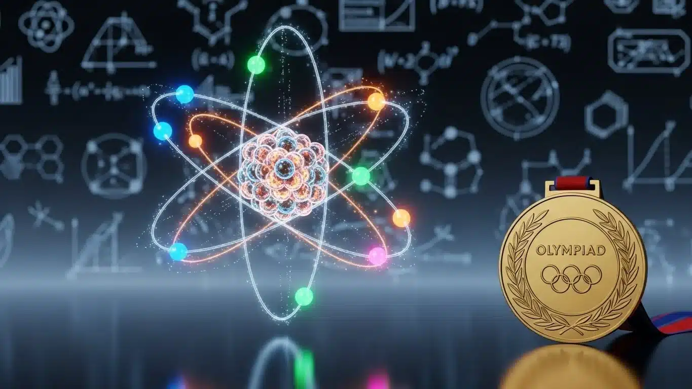 Gold olympiad medal with atom diagram representing chemistry competition