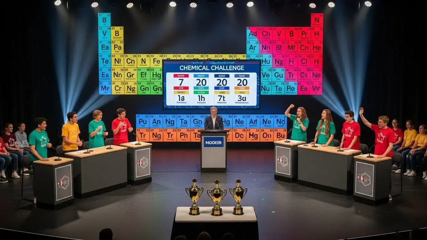Students competing in chemistry quiz show with periodic table display