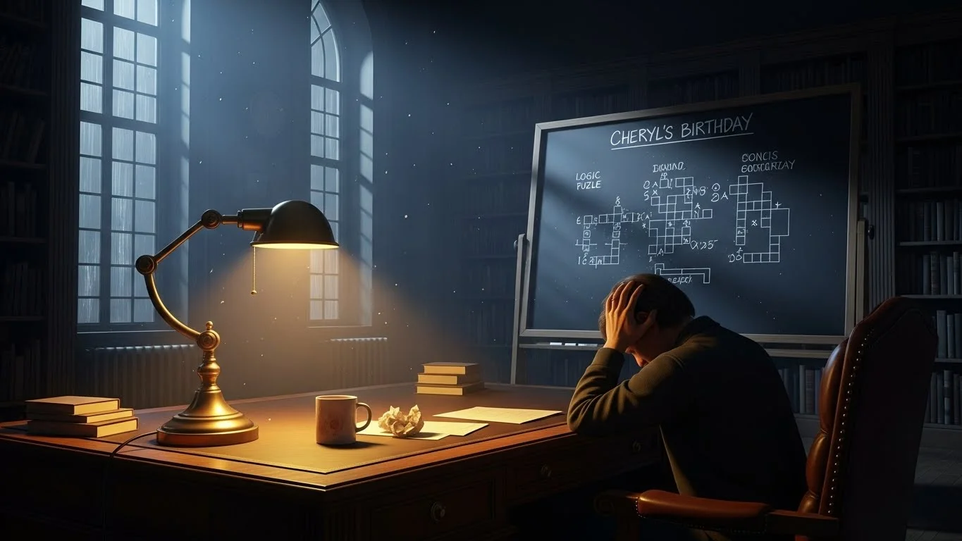Person solving Cheryl's birthday logic puzzle on chalkboard at night