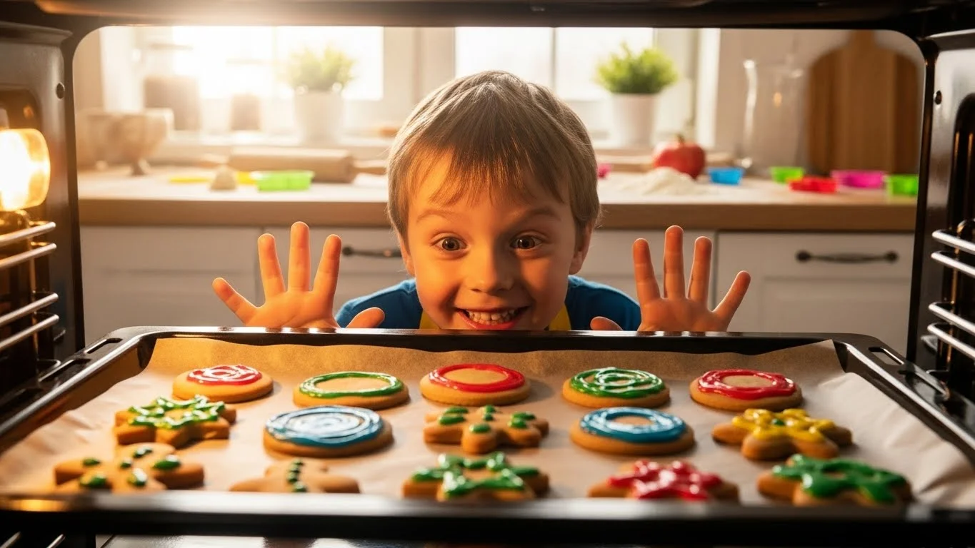 Happy child looking at colorful decorated cookies through oven door