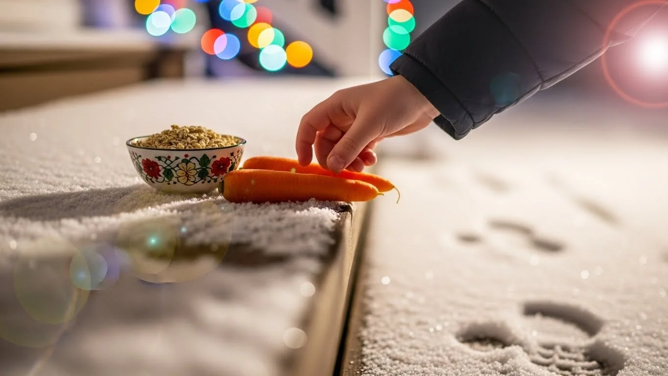 Child's hand placing carrots and oats for Santa's reindeer on snowy surface