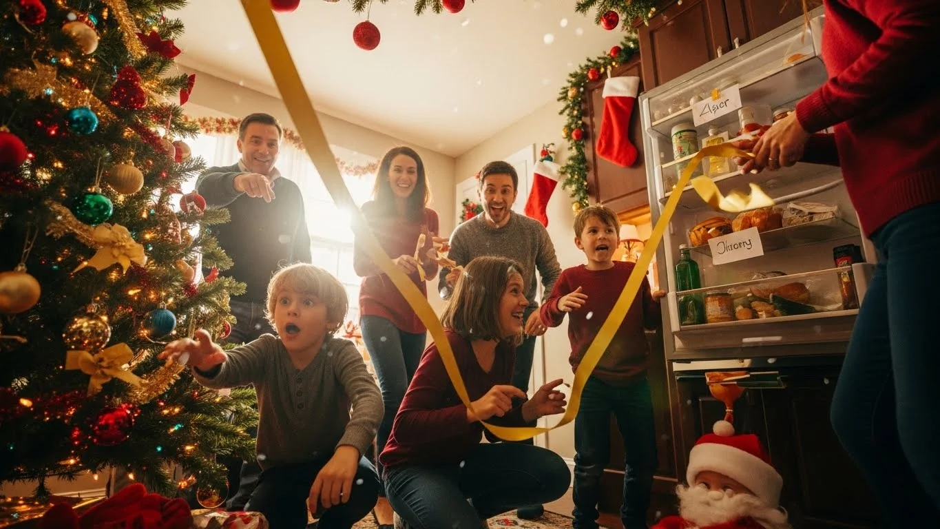 Family participating in Christmas scavenger hunt following riddle clues