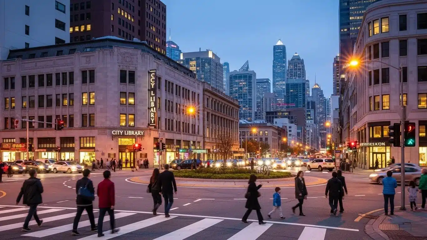 125+ Riddles About Locations with Answers — Ultimate Puzzle List for Geography Fans & Treasure 4 Evening street scene with city library building and urban pedestrians crossing