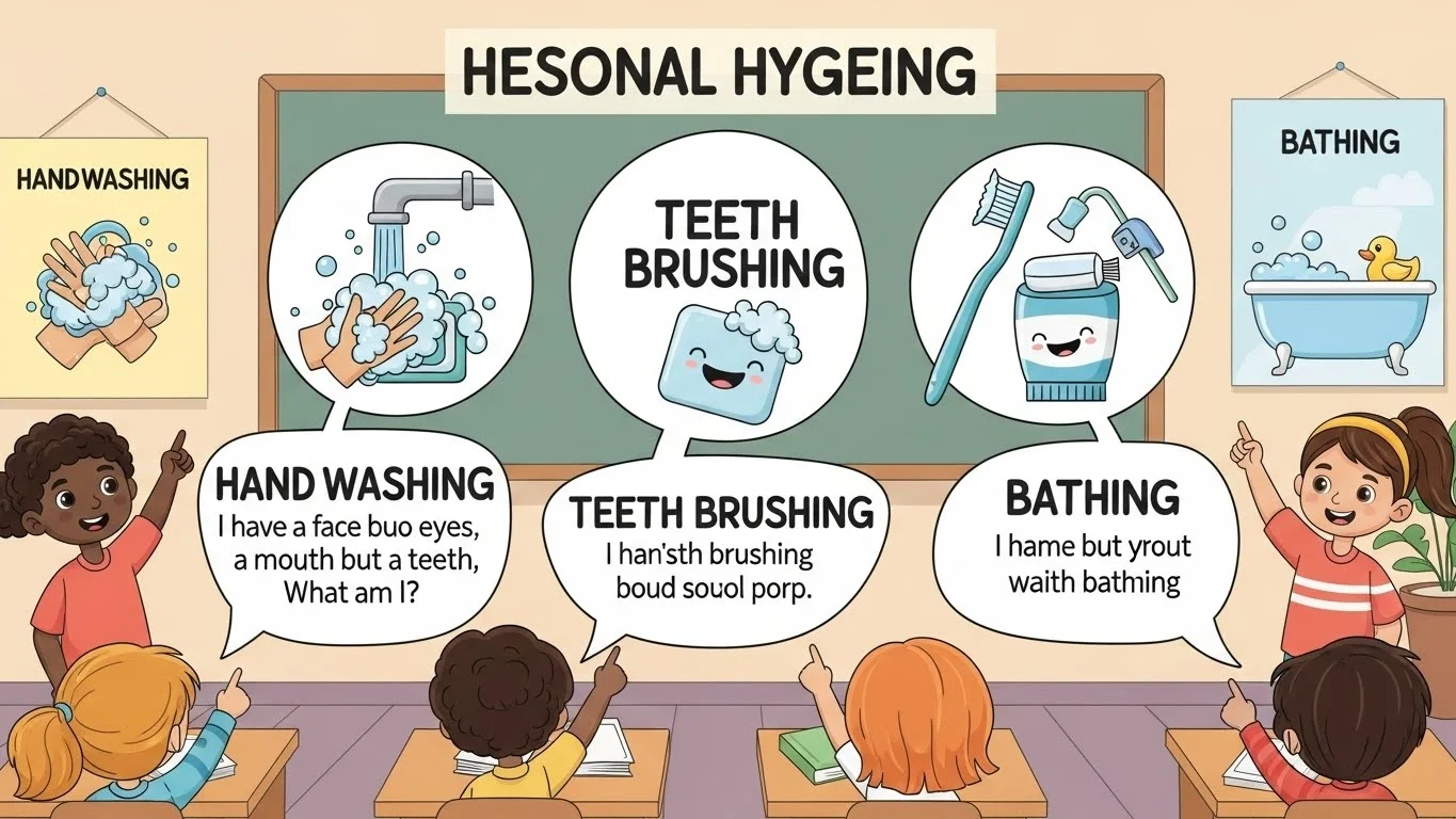Educational hygiene riddles poster showing handwashing teeth brushing bathing