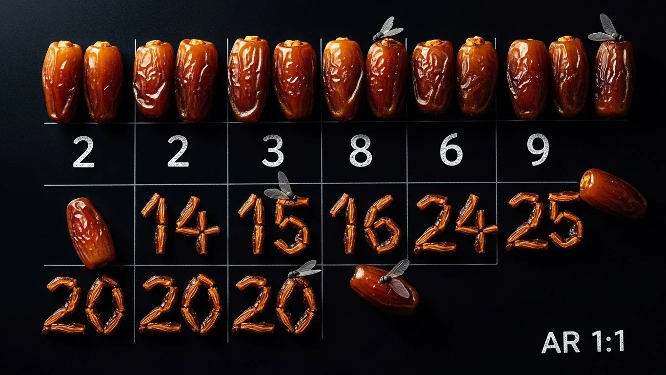 Creative calendar made from dates fruit arranged as numbers