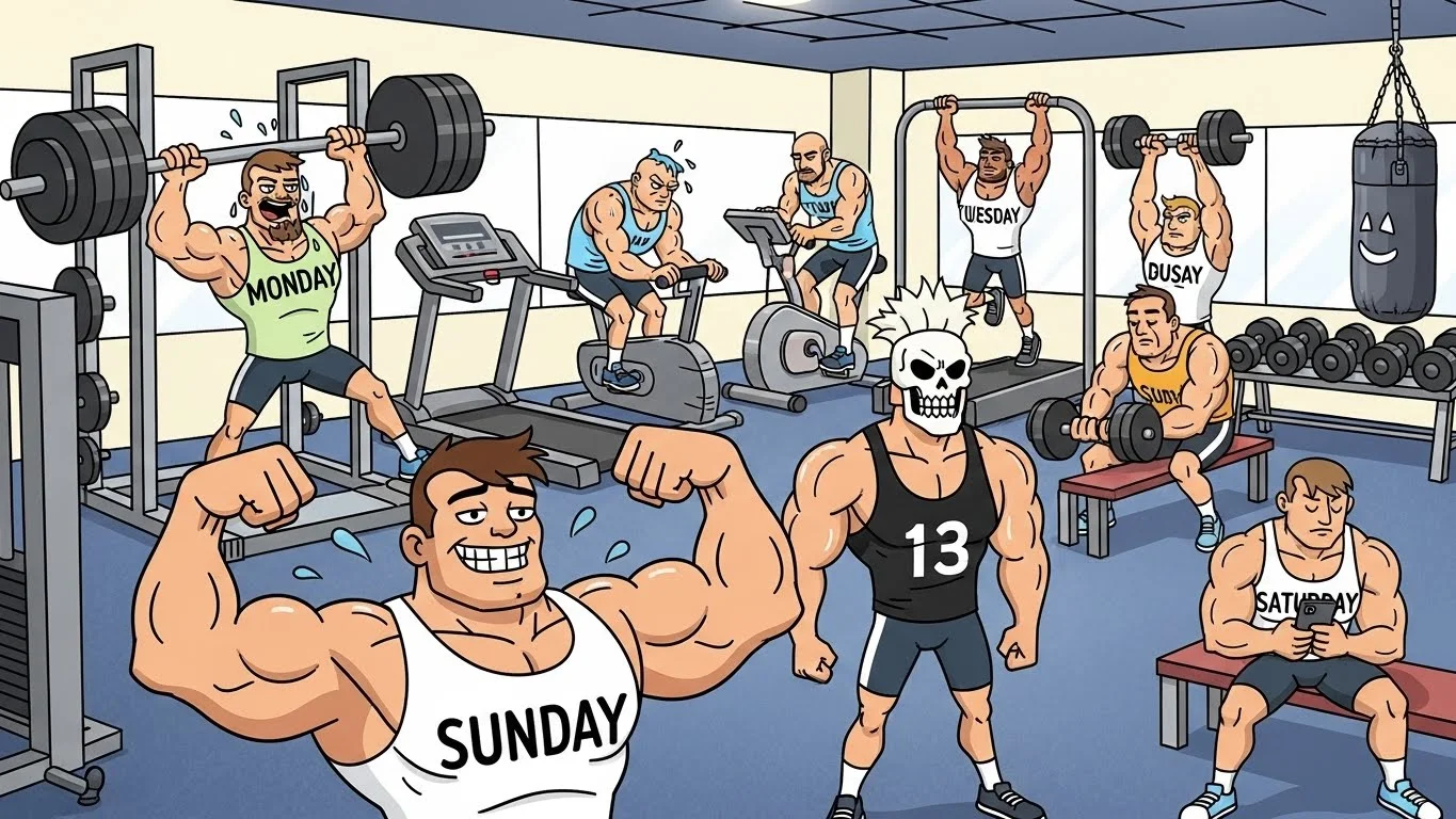 Cartoon gym scene showing personified days of week exercising
