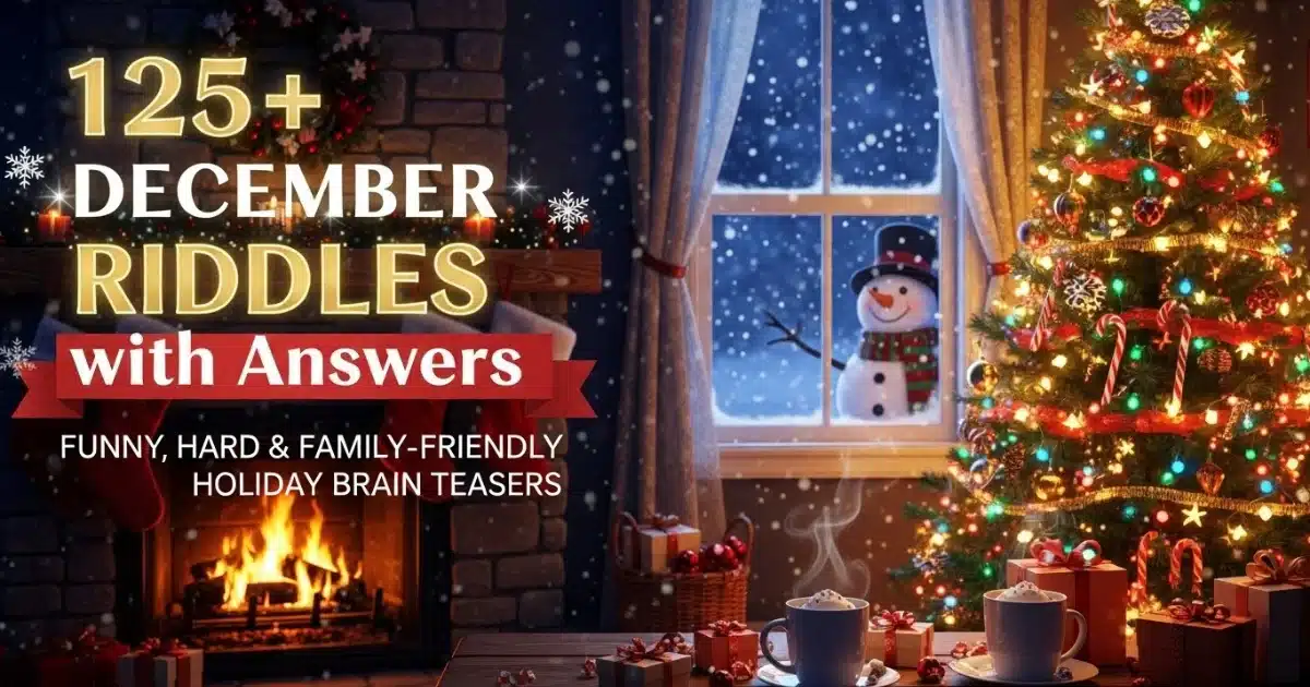 December riddles collection banner with festive Christmas scene