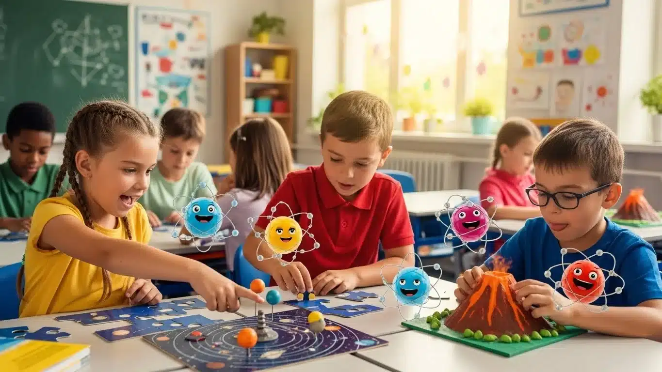 Elementary school children engaged in hands-on chemistry learning activities