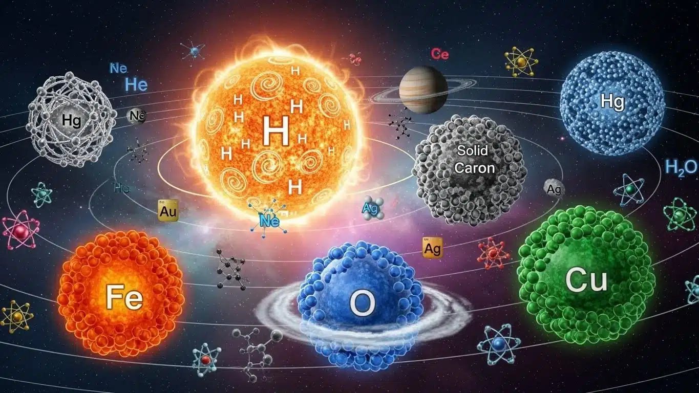 Chemical elements distributed throughout solar system with sun and planets