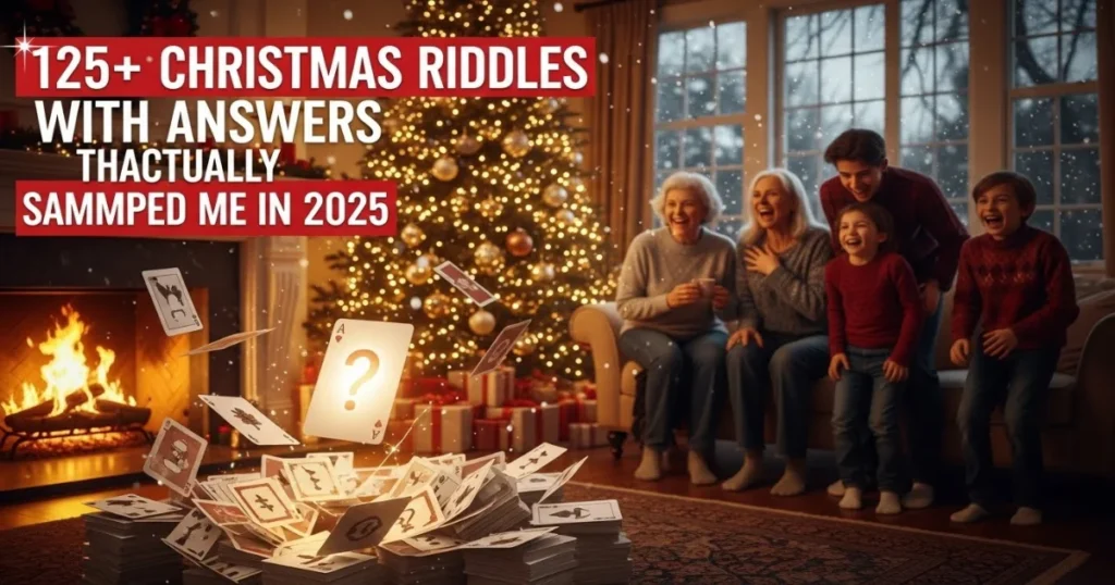 Family playing Christmas riddles game by decorated tree and fireplace
