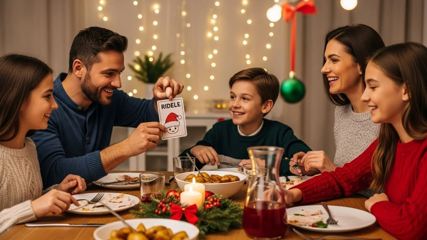 Multi-generation family playing riddle card game at Christmas dinner table