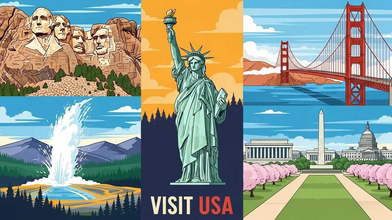 Collection of famous American landmarks including Mount Rushmore and Capitol
