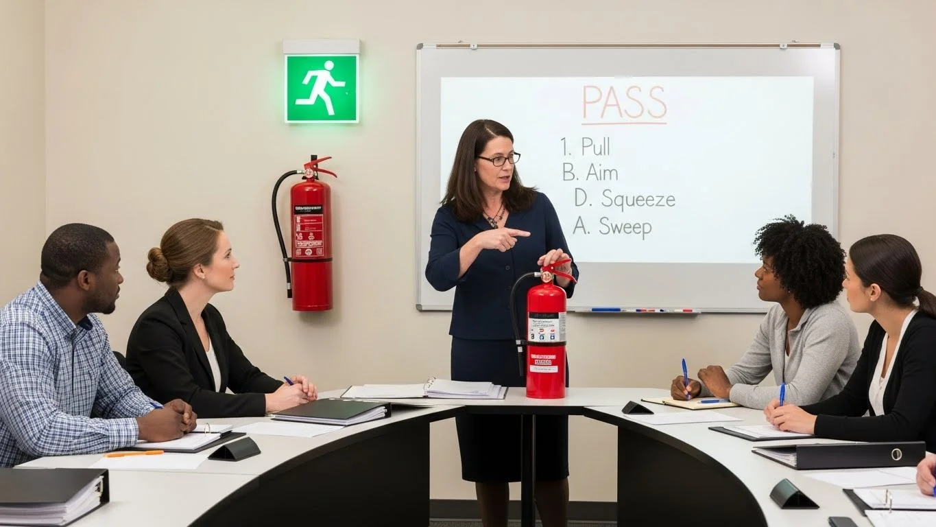 Stop Ignoring Workplace Safety: 125+ Safety Riddles That Could Actually Save a Life. 5 Instructor teaching fire extinguisher PASS technique during workplace safety training