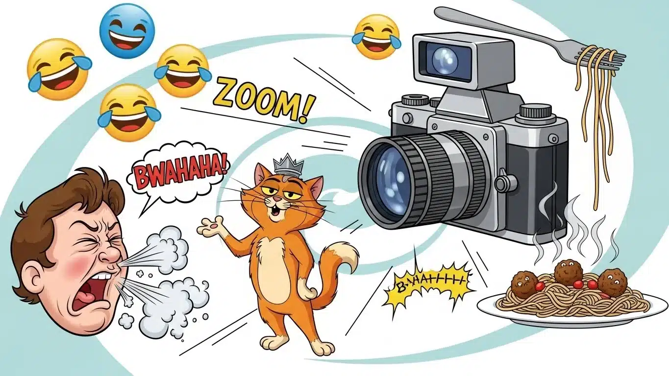 Humorous camera cartoon with zoom pun and laughing emojis